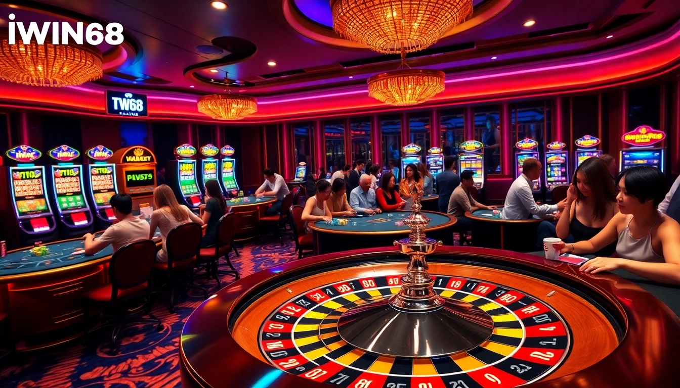 IWIN68 players engaging in excitement at a luxurious casino gaming table.