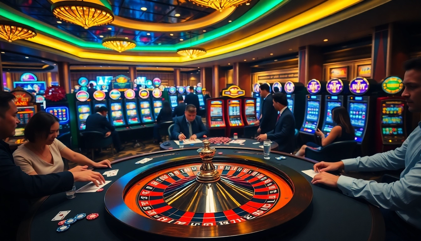 Experience the thrill of chơi game mmoo at a vibrant casino with roulette and slot machines.