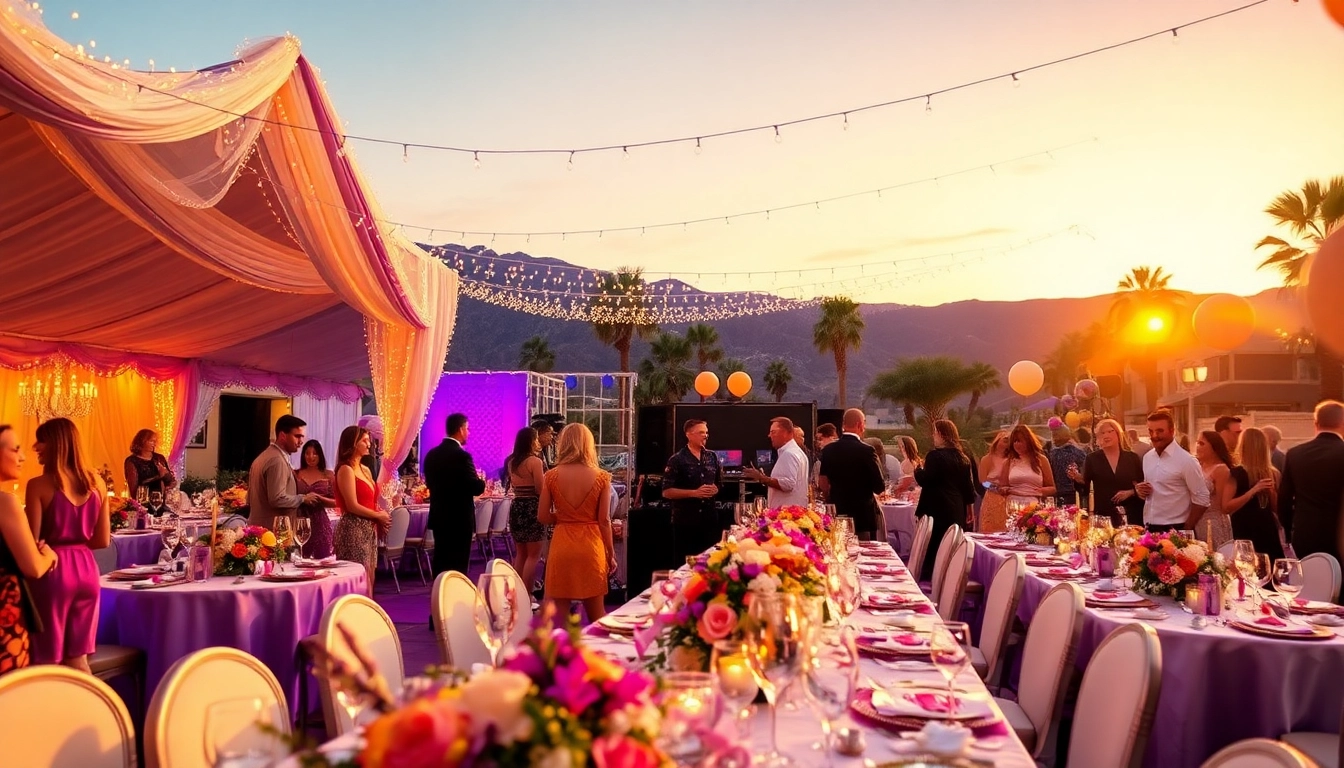 Las Vegas Party Rentals showcase a luxurious outdoor event setup with tents, elegant table settings, and vibrant decorations.