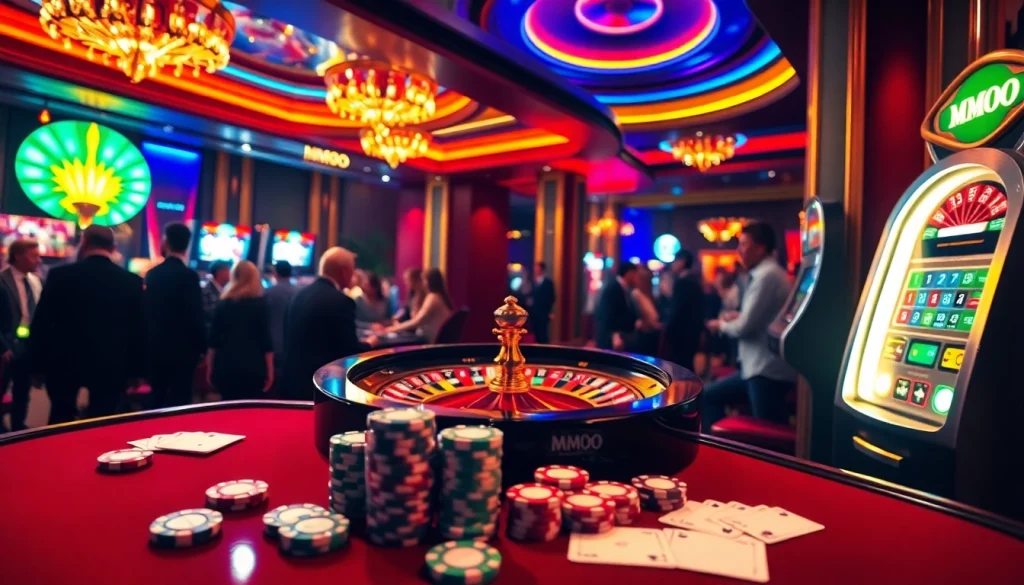 MMOO themed casino interior showcasing excitement with poker chips and a roulette wheel.