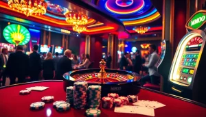 MMOO themed casino interior showcasing excitement with poker chips and a roulette wheel.