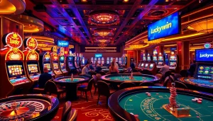 Luckywin gamblers enjoy high-stakes casino games at vibrant tables filled with chips and slot machines.