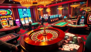Experience the thrilling gameplay at ok88 with vibrant casino tables and roulette wheels in a luxurious setting.