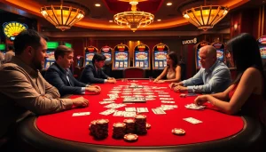 Người chơi đang tận hưởng một trò chơi cược cao tại LUCK8, thể hiện chip poker và những lá bài thanh lịch giữa một khung cảnh casino sang trọng.