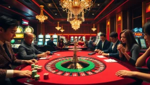 Players engaged in thrilling betting at a luxurious roulette table, showcasing the excitement of https://lc88.jpn.com/.