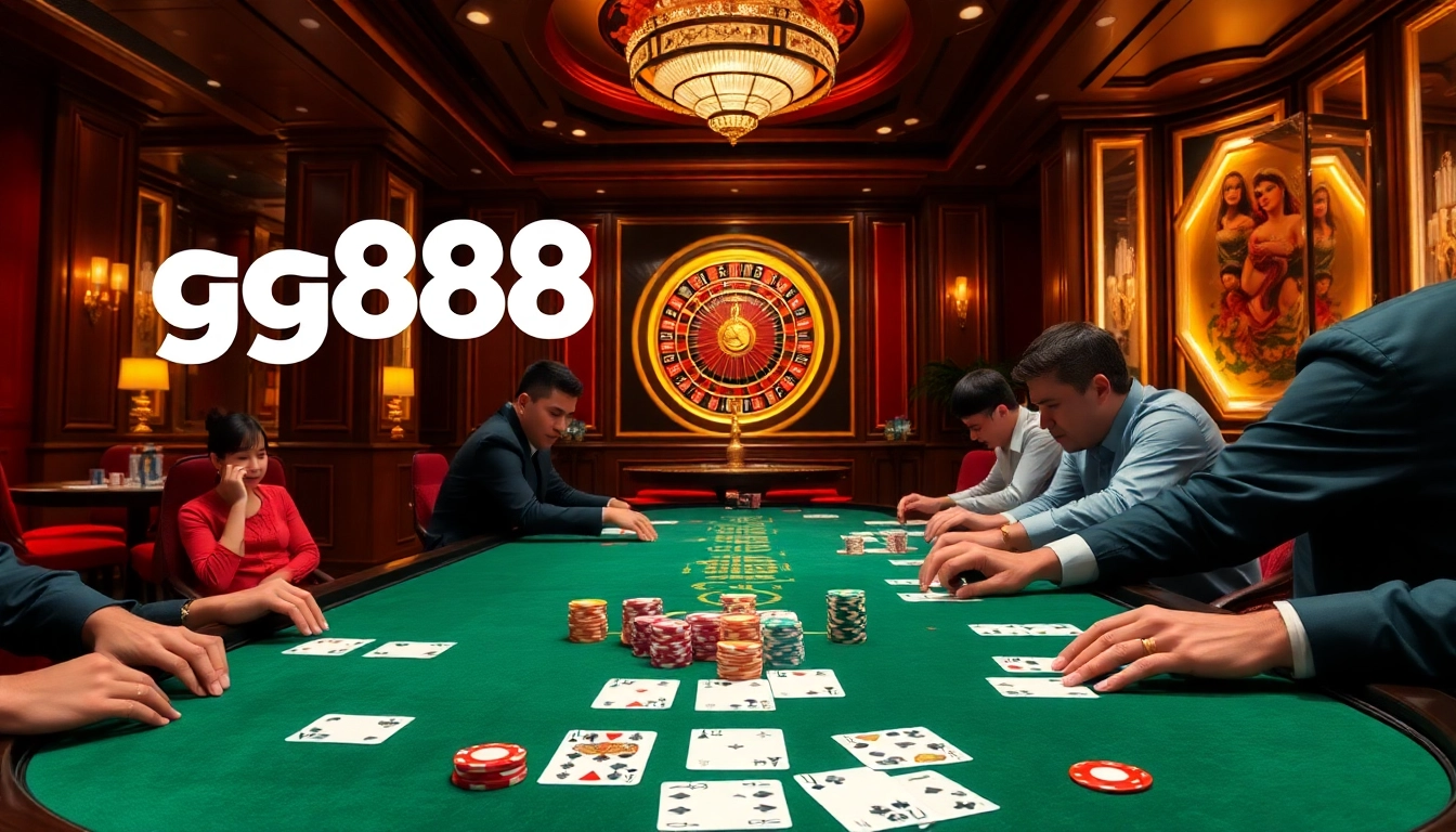 Engaging gg88 gambling scene with poker chips and glamorous casino ambiance.