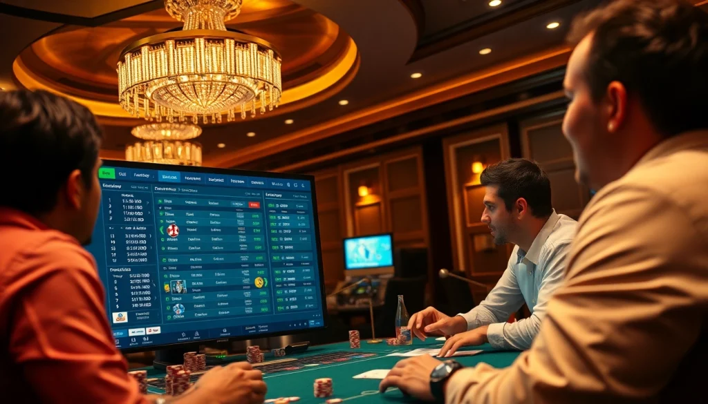 Engaging gamblers thriving in a premier sports betting scene, showcasing แทงบอลยังไง with excitement and strategy.