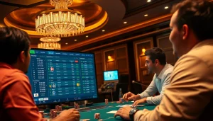 Engaging gamblers thriving in a premier sports betting scene, showcasing แทงบอลยังไง with excitement and strategy.