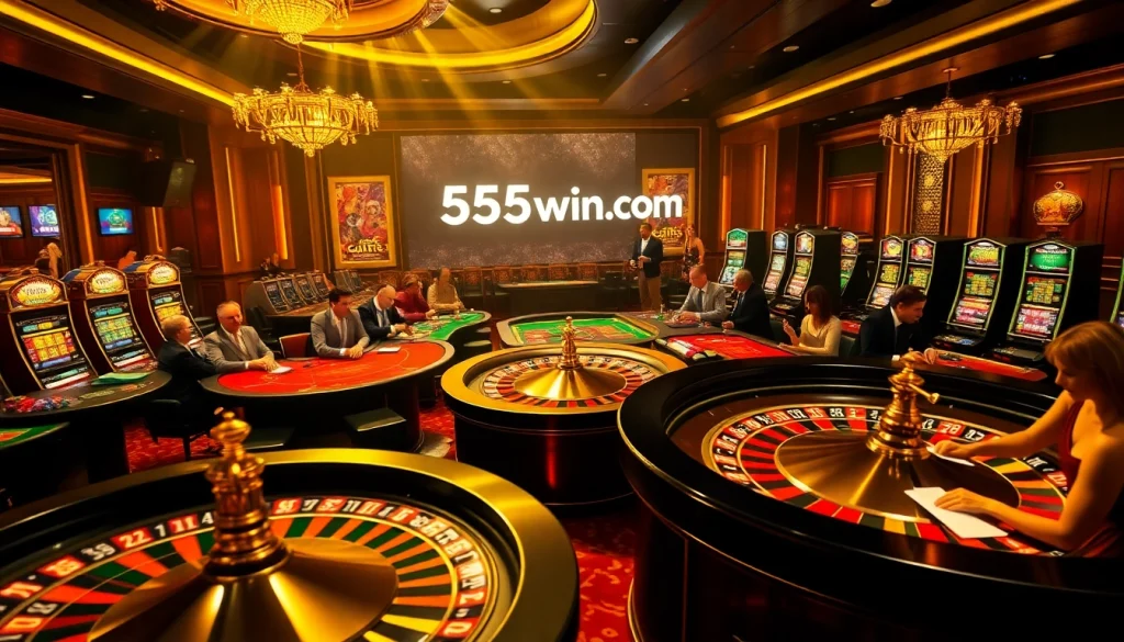 Experience the excitement of 555win com with players at luxurious casino tables and vibrant slot machines.