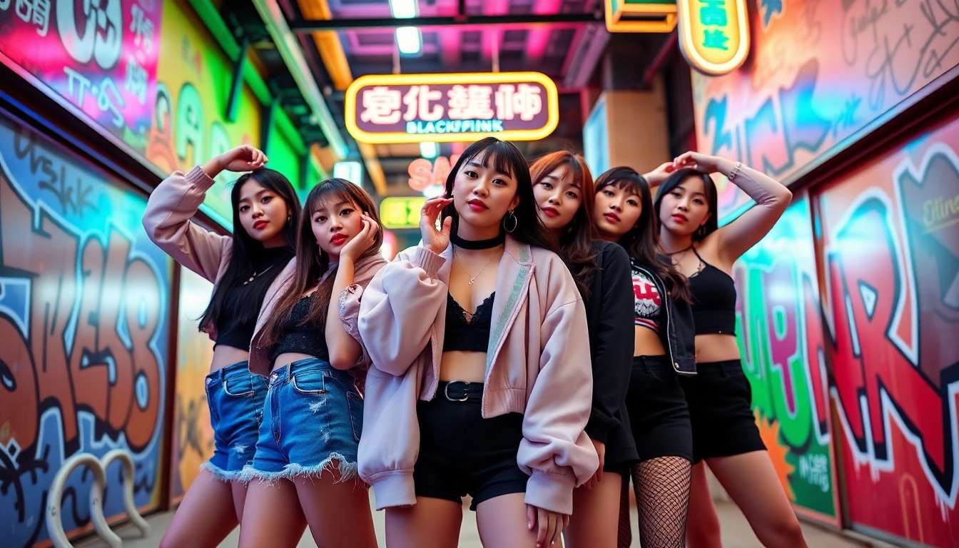 Dynamic portrait showcasing blackpink members in a vibrant urban setting with colorful backgrounds.