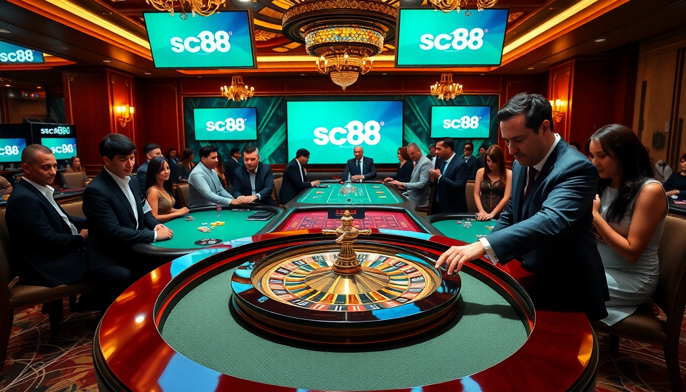 Players enjoying high-stakes games at sc88archi casino, showcasing poker and roulette excitement.