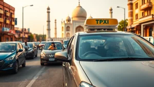 Agra Taxi service with a sleek taxi in front of the Taj Mahal, showcasing reliability and comfort.