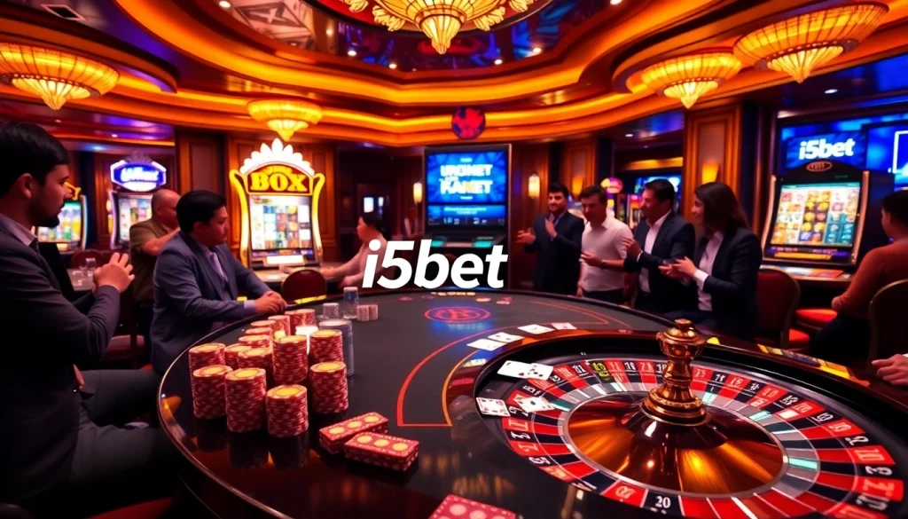 i5bet players engage in vibrant poker gameplay at a lively casino table.