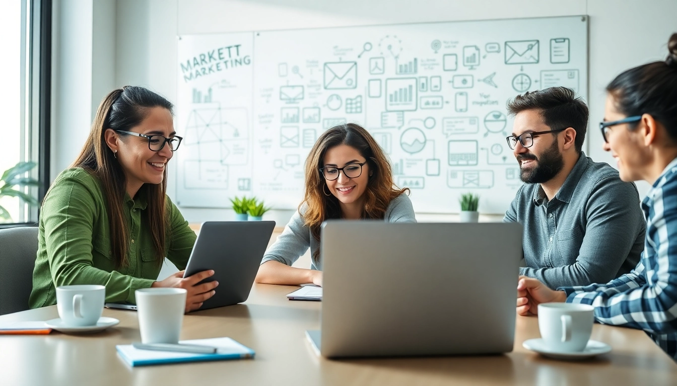 Marketing Agency team collaborating energetically in a modern office environment.
