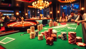 Experience the thrill of gaming at https://tt88.fund/ with a lively casino scene featuring poker chips and roulette.