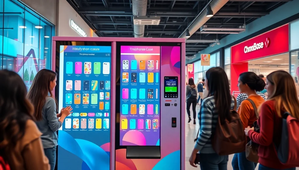 Innovative phone case vending machine with touchscreen options attracting diverse customers in shopping mall setting.