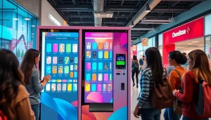 Innovative phone case vending machine with touchscreen options attracting diverse customers in shopping mall setting.