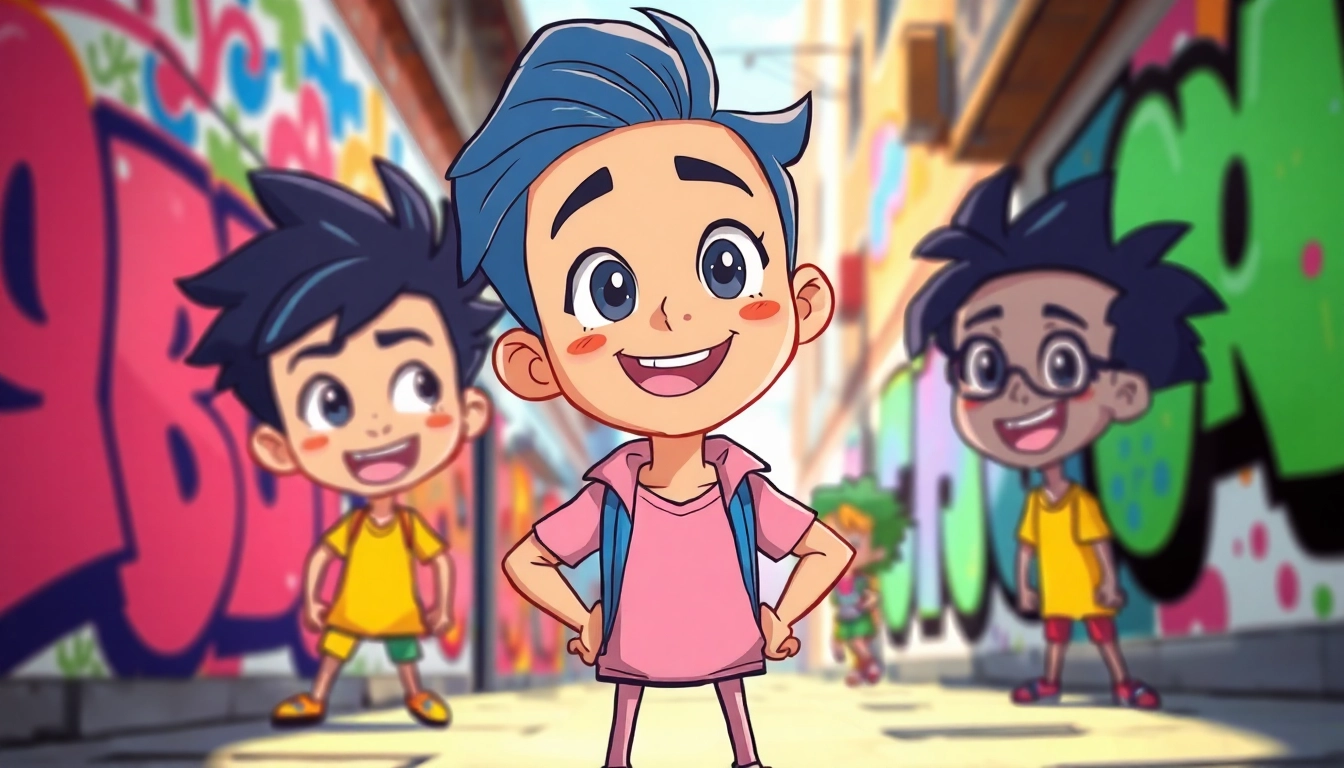 무료웹툰 웹툰 캐릭터가 도시 배경에서 모험을 보여주는 매력적인 일러스트.