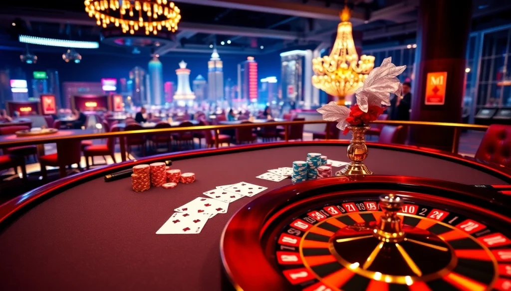 Gambling action at the MM88 COM poker table, featuring cards and vibrant casino elements.