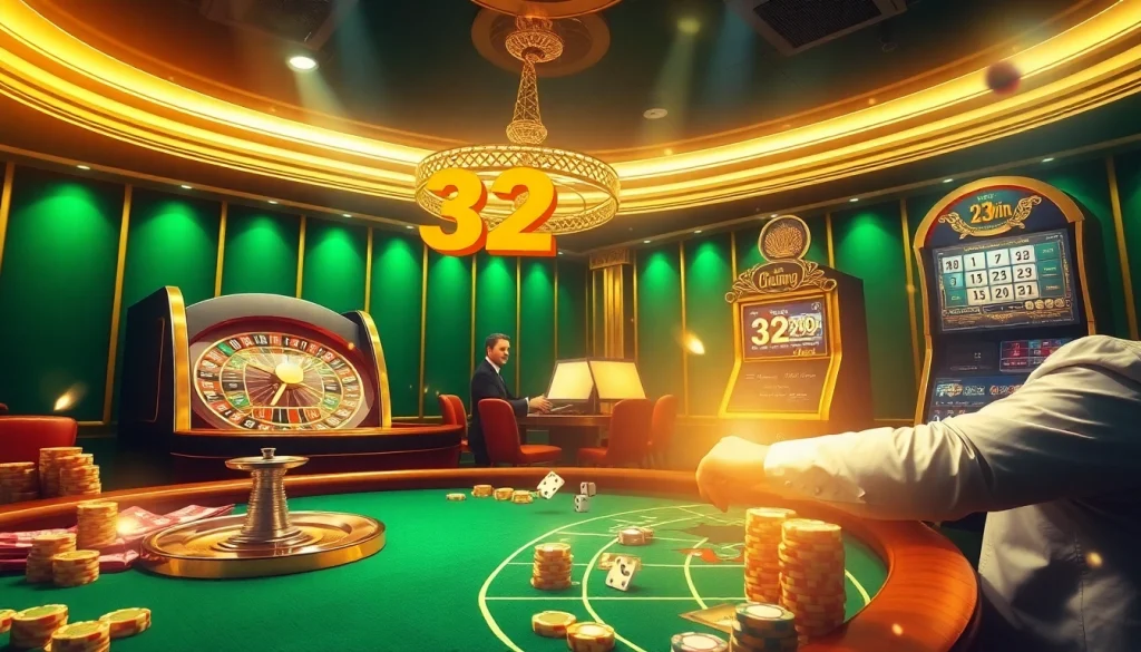 Engaging scene of gambling action at Trang chủ 32win featuring a roulette table and slot machine.
