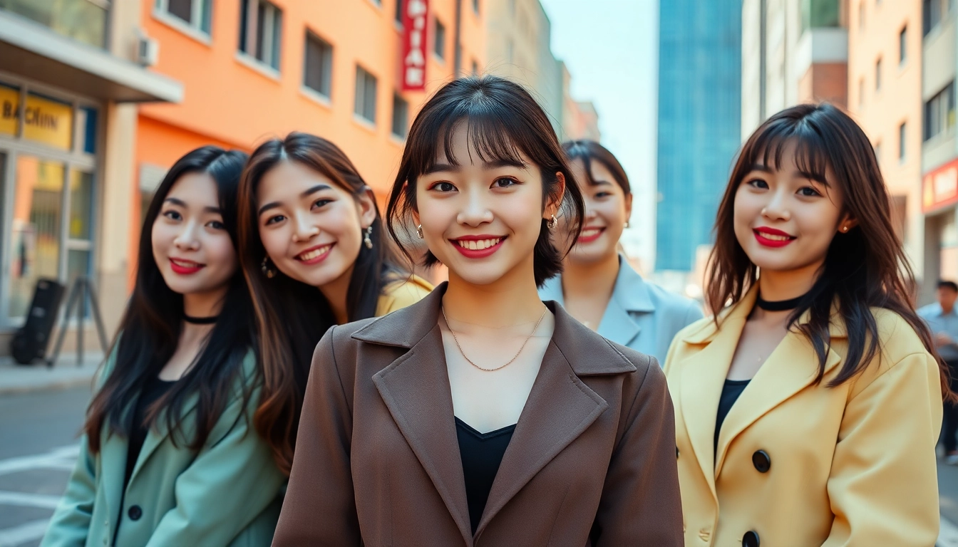 blackpink members posing cheerfully in a vibrant urban setting, showcasing their unique styles