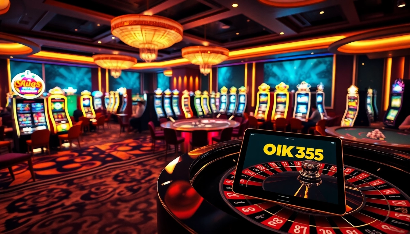 Experience the excitement of OK365 with engaged players at vibrant casino tables surrounded by thrilling slot machines.