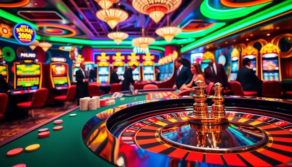 Experience the thrill of kp88 casino with an exciting roulette table and lively slot machines.