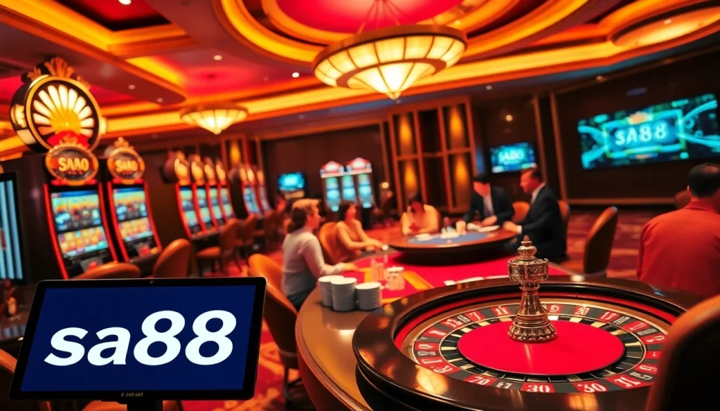 Exciting casino atmosphere showcasing the sa88 brand with engaging gambling activities.