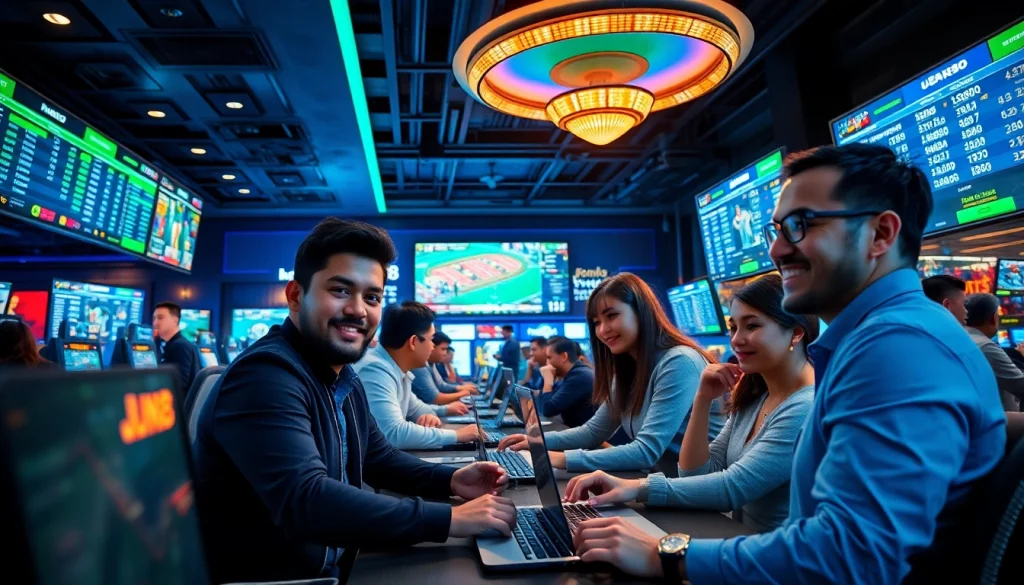 Experience vibrant online gaming at https://jun88pl.com/, showcasing players in an engaging casino environment with live sports betting.