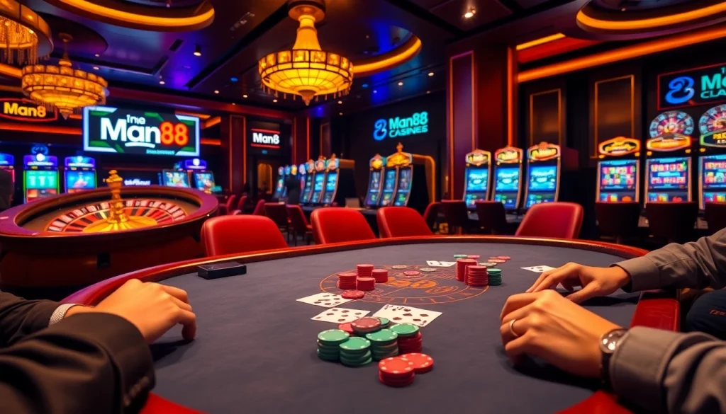 Man88 poker scene with vibrant chips and a thrilling roulette wheel in a luxurious casino.