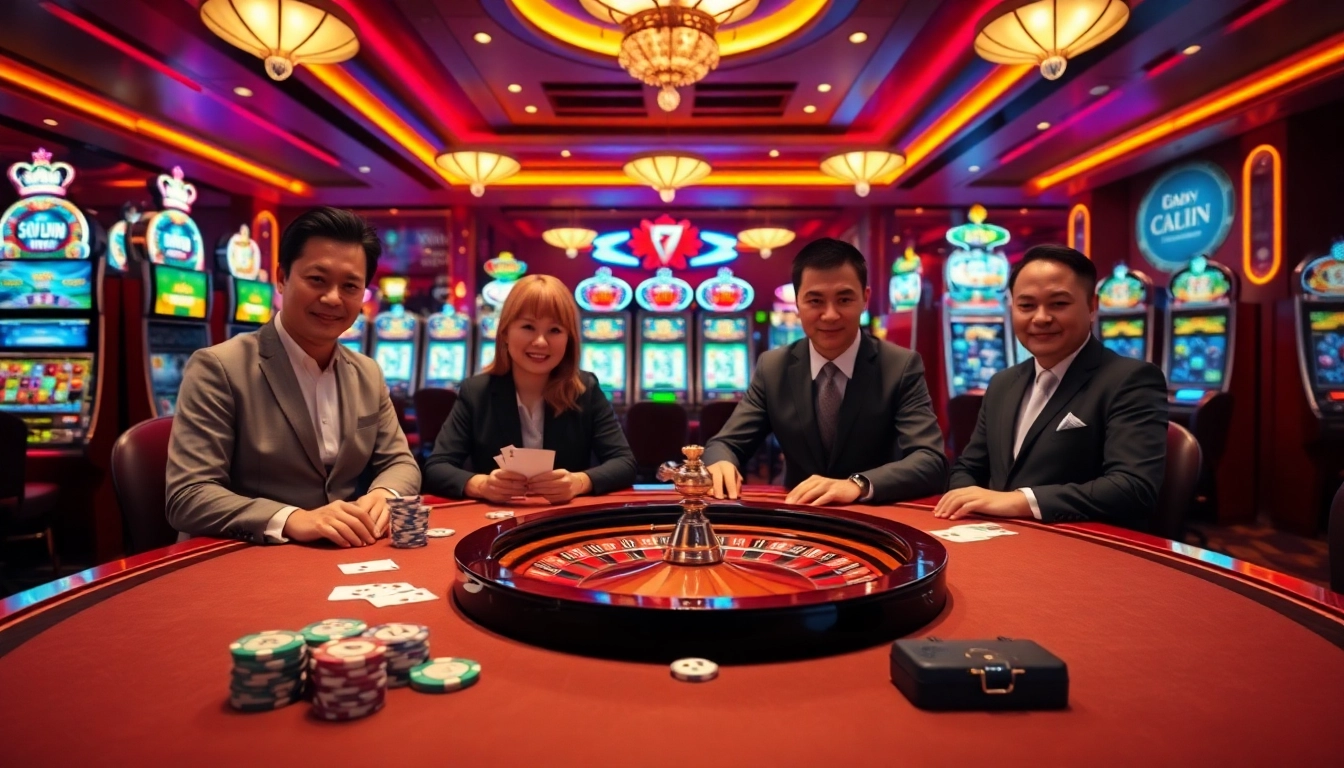 Gambling scene at Nhà Cái 56WIN showcasing poker and roulette interactions.