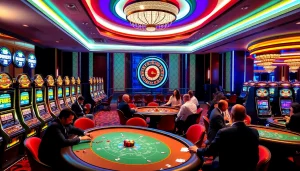 Experience thrilling gaming action at the top club featuring luxurious casino tables and vibrant slot machines.