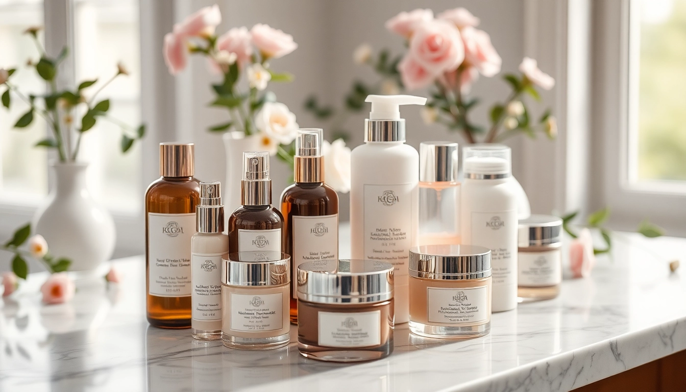 Kosmetika produktai gražiai išdėstyti, aplink yra gaivūs gėlės.
