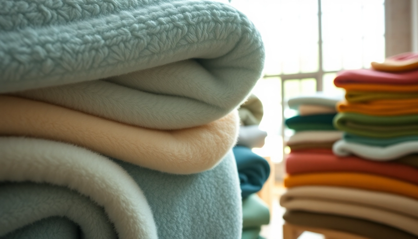 Fleece stof met zachte textuur in een atelier waar verschillende kleuren fleece zijn uitgestald.