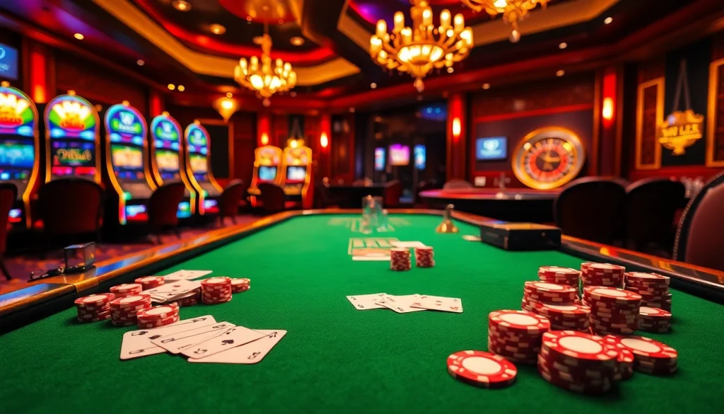 Experience the thrill of THA BET at a luxurious casino table filled with cards and chips.