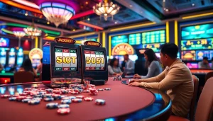 Rasakan sensasi berjudi dengan slot deposit pulsa tanpa potongan, menampilkan adegan kasino yang berwarna-warni.