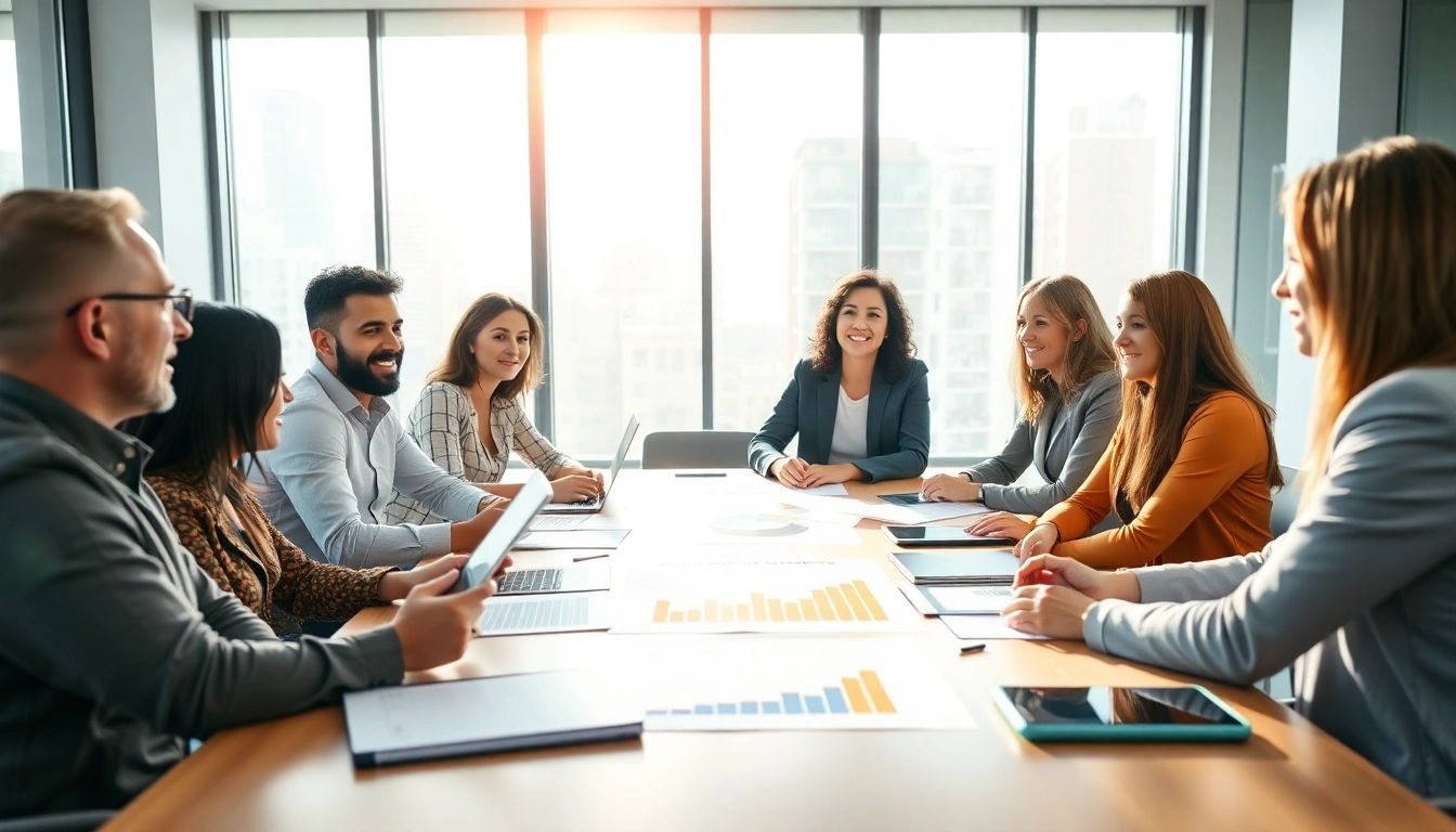 Team collaborating on growth strategy trends in a vibrant modern office setting.