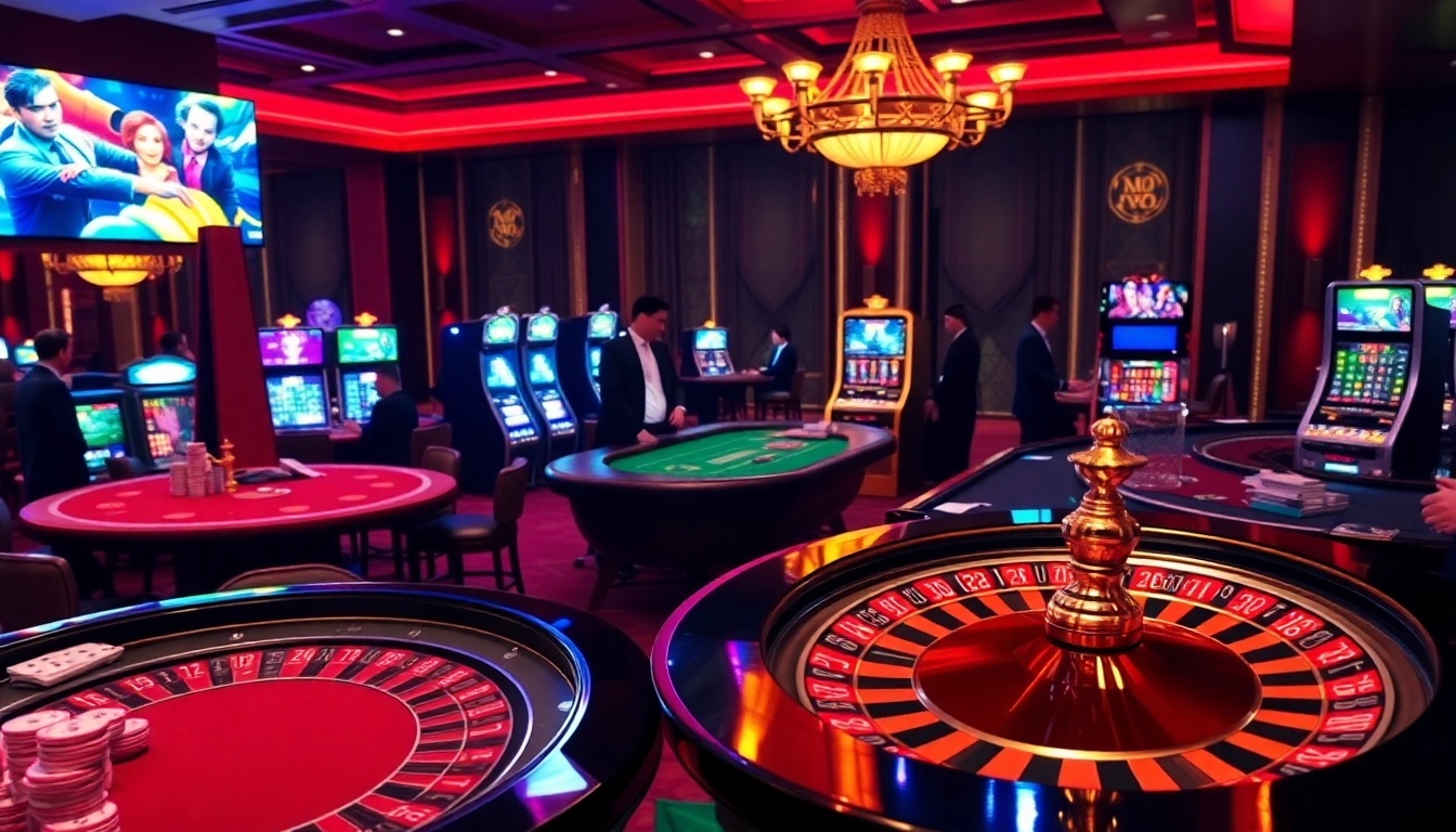 Xôi Xoài TV highlights a lively casino atmosphere with poker tables, roulette wheels, and online gaming devices.