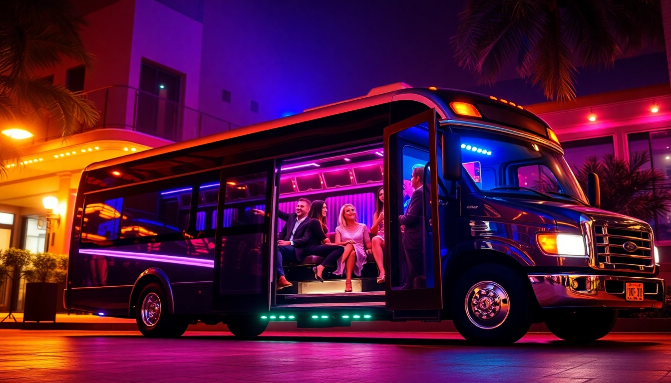 Exciting scene of friends celebrating with a party bus hire near me, vibrant nightclub lights.