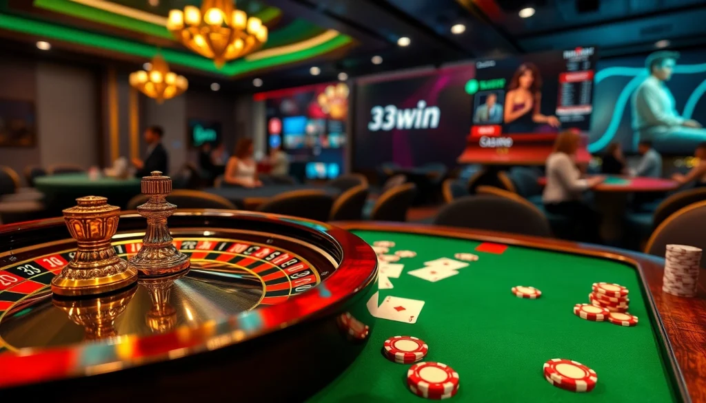 33win players enjoying a thrilling game at a luxurious casino table with vibrant poker chips.