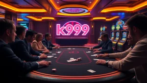 K9K9 players strategizing at a poker table adorned with vibrant chips and cards in a luxurious casino setting.