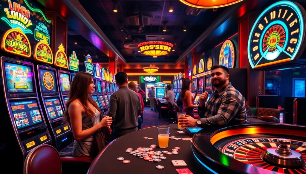 Aksi taruhan slot 100 yang mendebarkan dalam adegan kasino yang hidup dengan penjudi yang bersemangat dan mesin-mesin berwarna-warni.