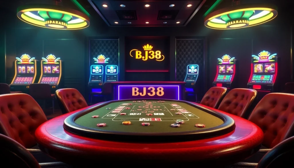 Experience the thrill of BJ38 with an elegant casino setting featuring poker games and vibrant slot machines.