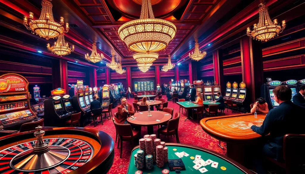 Experience high-stakes action with cm88 at a luxurious casino featuring roulette wheels and poker tables.