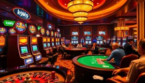 Experience the excitement of k9k9 in a luxurious casino setting with vibrant slot machines and poker tables.