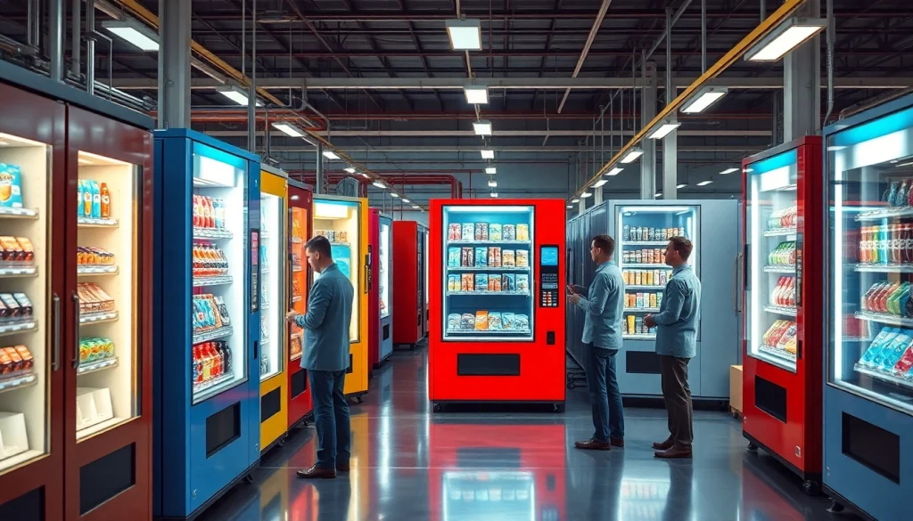 Innovative vending machine manufacturers at a modern production facility, showcasing cutting-edge technology and teamwork.