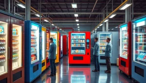 Innovative vending machine manufacturers at a modern production facility, showcasing cutting-edge technology and teamwork.