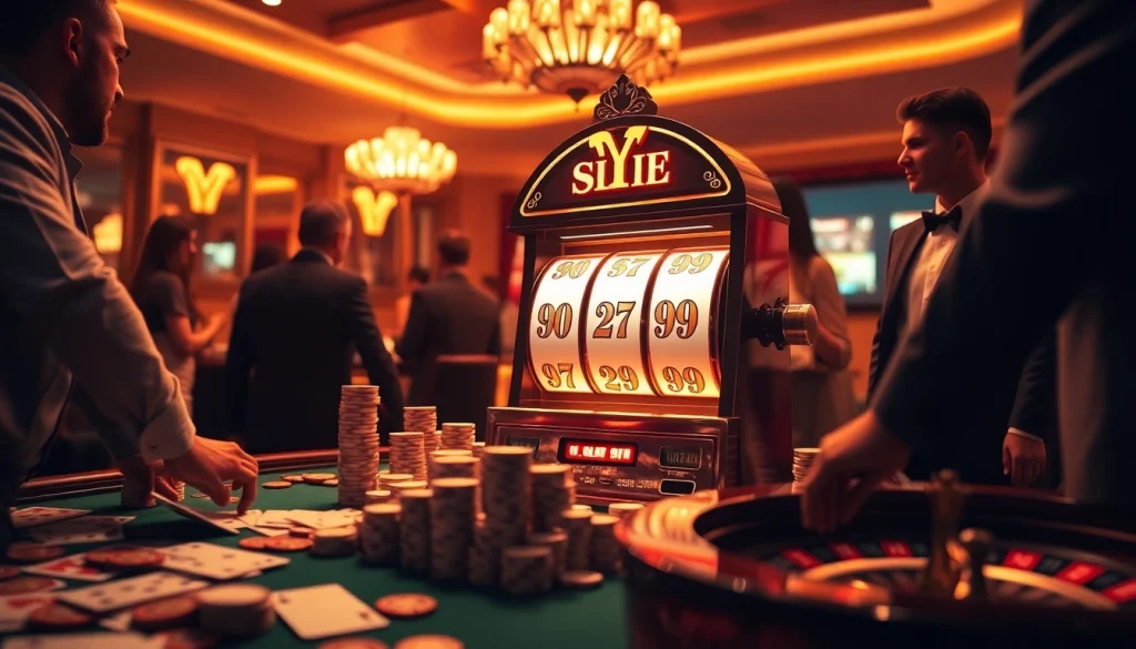 SLOT99 slot machine surrounded by casino chips and cards in an elegant casino setting.