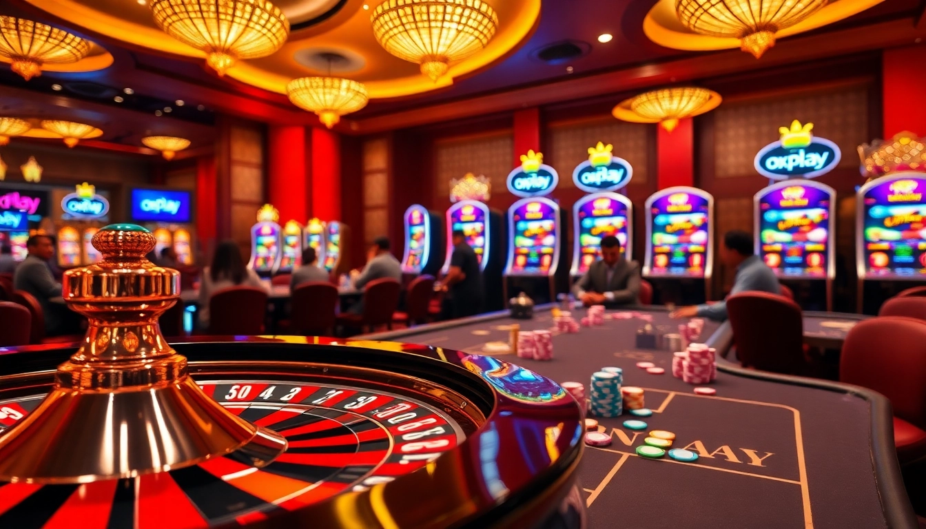 Action-packed gaming scene featuring oxplay slot machines, roulette wheel, and poker chips in a luxurious casino.