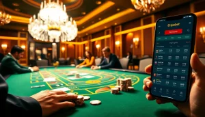 Exciting sbobet betting scene with luxurious baccarat table and players focused on high-stakes action.